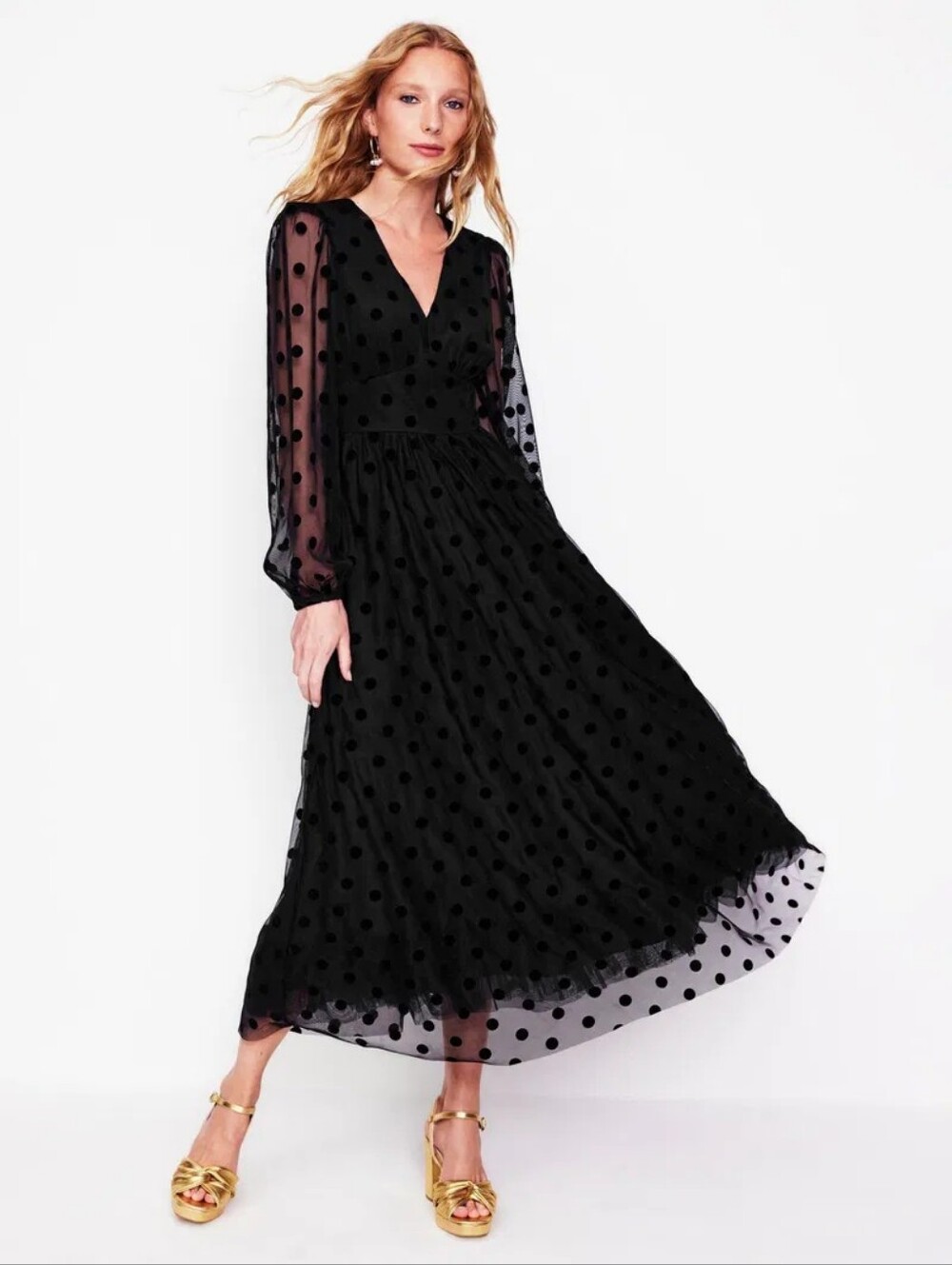 Boden Black Polka Dot Sheer Sleeve Midi Dress